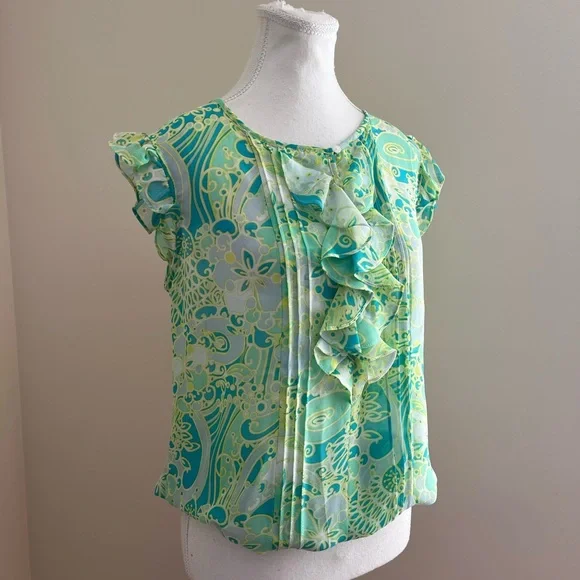 Jessica Green Multi-Pattern Ruffle Cap Sleeve Blouse - Picture 2 of 9